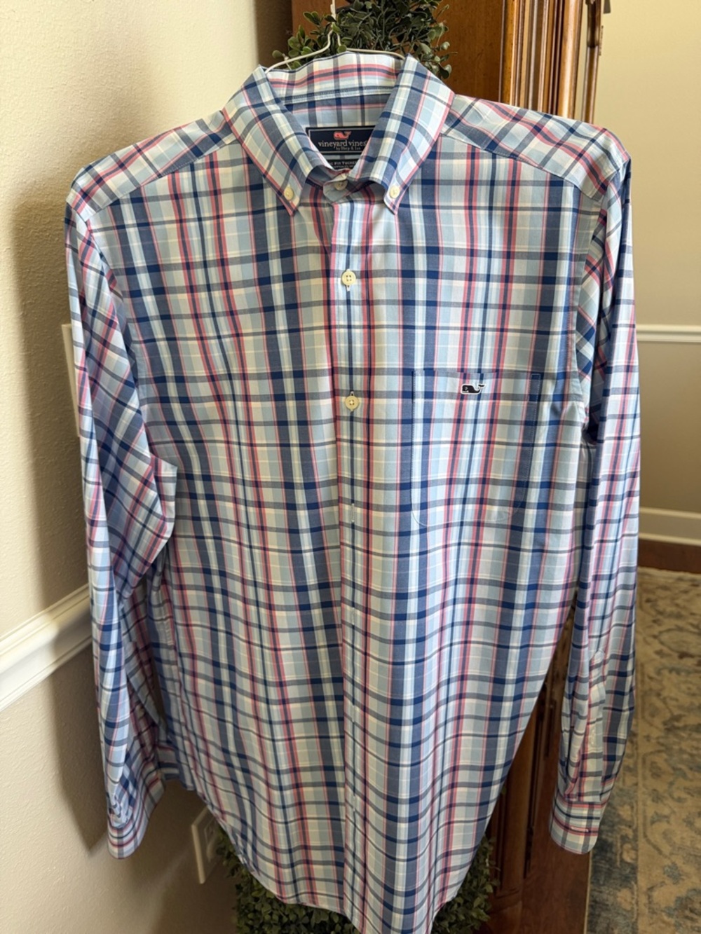 Vineyard Vines Men’s Plaid Button-Down Shirt — Blue, Pink & White